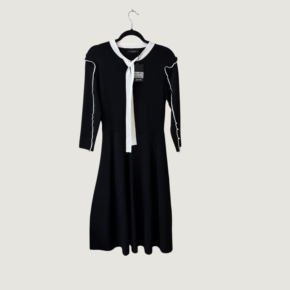 NWT N By Nancy Knit Midi Dress Black White Tie Neck Secretary Vintage Style Sz L